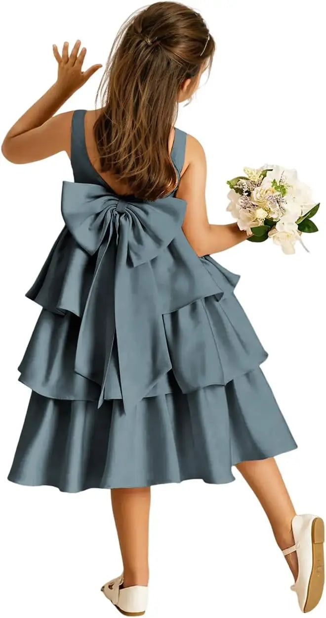 Girls Crewneck Layers Flower Girl Satin Pageant Dress with Bow Knot Backless Birthday Party Formal Dress princess dress