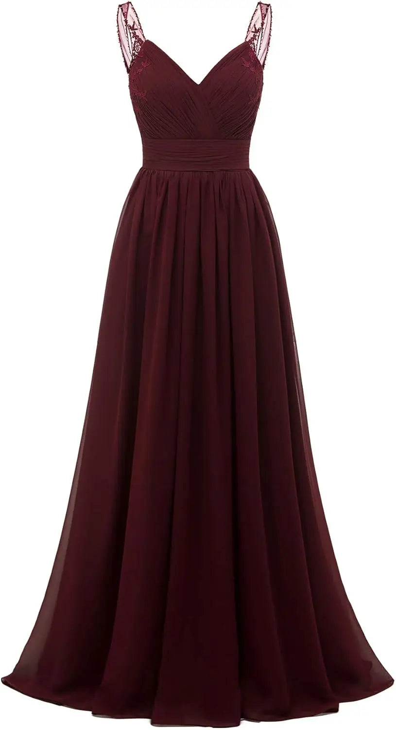 Chiffon-Spitze Brautjungfernkleider lang für Damen V-Ausschnitt Plissee Tüll Träger A-Linie Abschlussball Abend Hochzeit formelle Kleider 