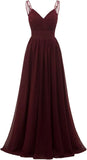 Chiffon-Spitze Brautjungfernkleider lang für Damen V-Ausschnitt Plissee Tüll Träger A-Linie Abschlussball Abend Hochzeit formelle Kleider 