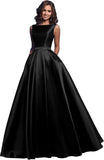 Damen A-Linie Satin Ballkleid Langes Ballkleid Gerafftes Perlenbesetztes Abendkleid Formales Partykleid mit Taschen 