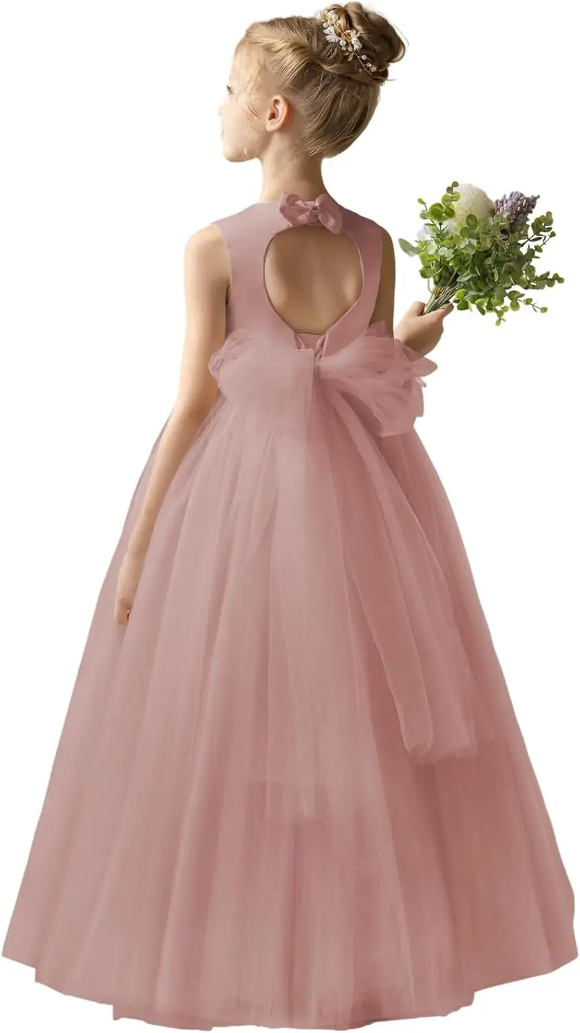 Flower Girl Dresses for Wedding Puffy Satin Tulle Princess Pageant Dress for Girls Crew Neck Tulle Bow Prom Ball Gowns