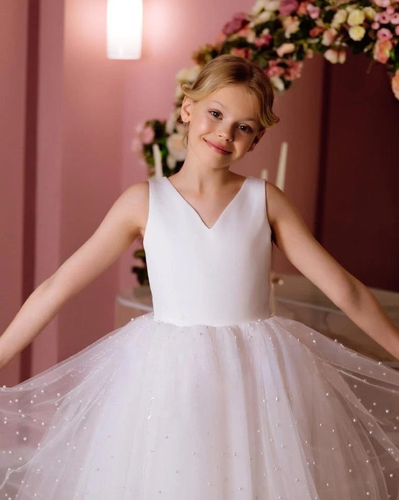 Tüllschleife Satin Blumenmädchenkleid Brautkleider Heilige Kommunion Elfenbeinkleid mit Perlen Mädchen Partykleid Prinzessin Ballkleid 