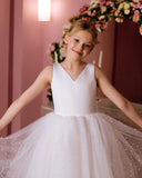 Tüllschleife Satin Blumenmädchenkleid Brautkleider Heilige Kommunion Elfenbeinkleid mit Perlen Mädchen Partykleid Prinzessin Ballkleid 