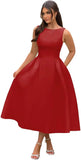 Vestidos de fiesta de satén con cuello barco y midi, largos hasta la rodilla, espalda escotada, corte en A, vestidos formales de noche para fiesta, vestido de cóctel y fiesta 