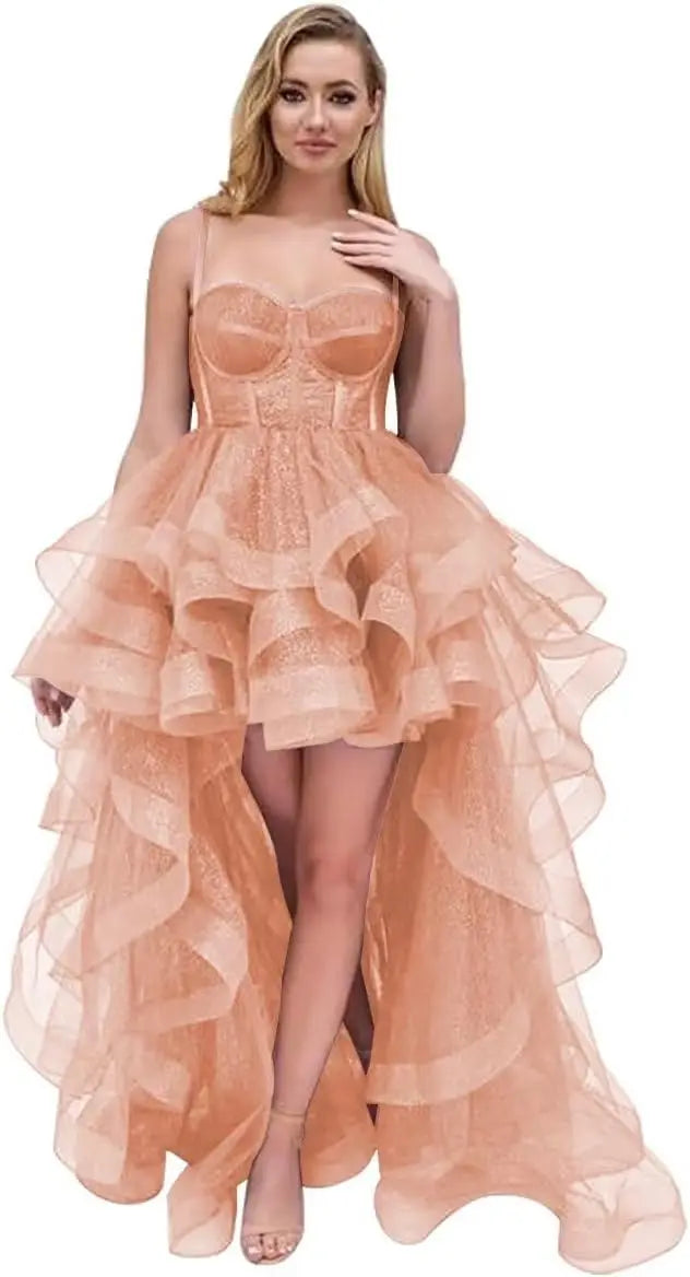 Tulle Prom Dress Spaghetti Straps Ball Gowns High Low Homecoming Dress Layered Ruffles Princess Quinceanera Dresses