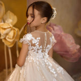White Tulle Appliques With Trailing Short Sleeve For Wedding Birthday Party Banquet Princess Gown Customized Flower Girl Dresses