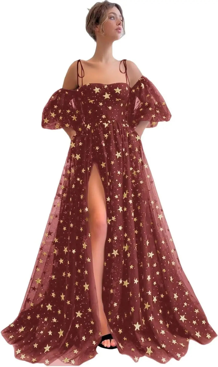Sparkly Starry Tulle Prom Dresses for Women Slit Long Puffy Sleeve Glitter Star Formal Evening Party Gown Junior Bridesmaid Gown