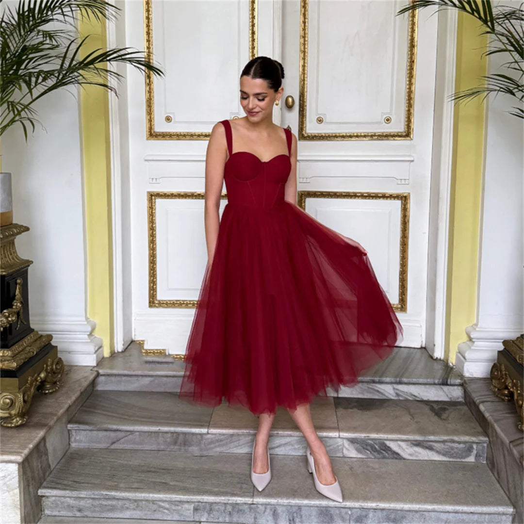 Tulle Tea-Length Prom Dresses High Quality Sweetheart Spaghetti Straps Party & Vacation Wear Elegant Plain A-line Evening Gowns
