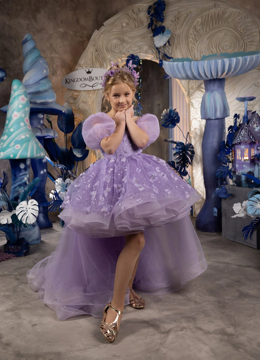 Länge Kinder Geburtstag Party Erste Heilige Kommunion Kleid Lila Blumenmädchen Kleider für Hochzeit 3D Schmetterling 