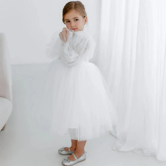 Vestido de princesa para niña de las flores, de tul blanco, con mangas largas abullonadas, para bodas, fiestas de cumpleaños, banquetes, comuniones. 