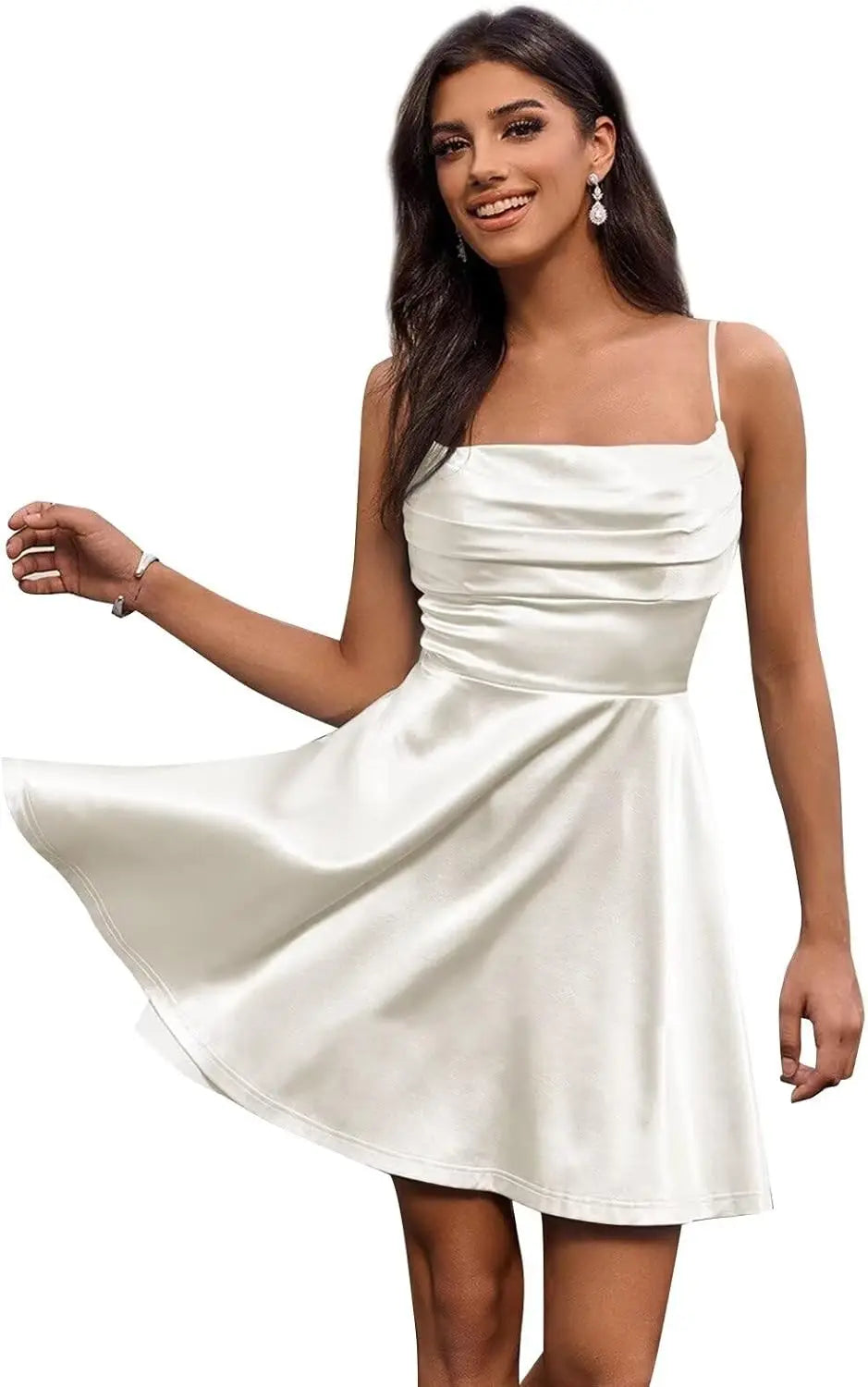 Satin Homecoming Kleider Kurze Spaghettiträger Ballkleid Wasserfallausschnitt A-Linie Cocktail Party Kleider Minikleid 