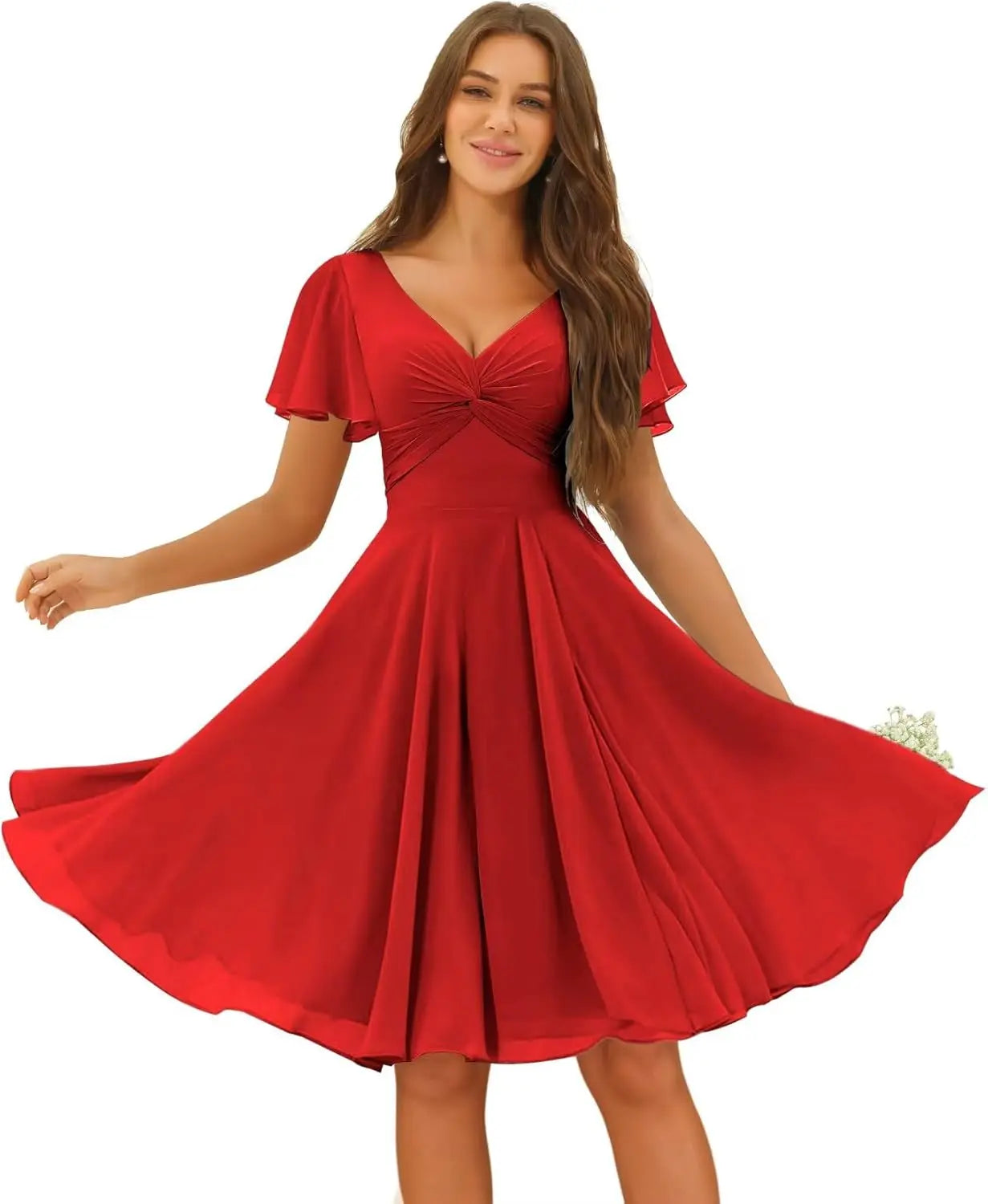 Women's Pleated Chiffon Flutter Sleeves Junior Bridesmaid Dresses with Pockets V Neck Short Formal Dress Wedding Party Gowns