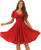 Women's Pleated Chiffon Flutter Sleeves Junior Bridesmaid Dresses with Pockets V Neck Short Formal Dress Wedding Party Gowns