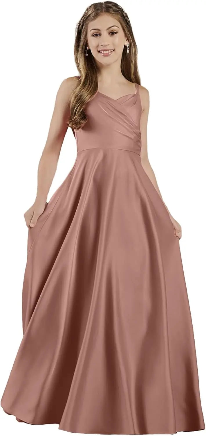 Mädchen Träger Junior Brautjungfer Kleid für Hochzeit Satin Festzug Blumenmädchen Kleider Festzug für Teenager Prinzessin Kleid 