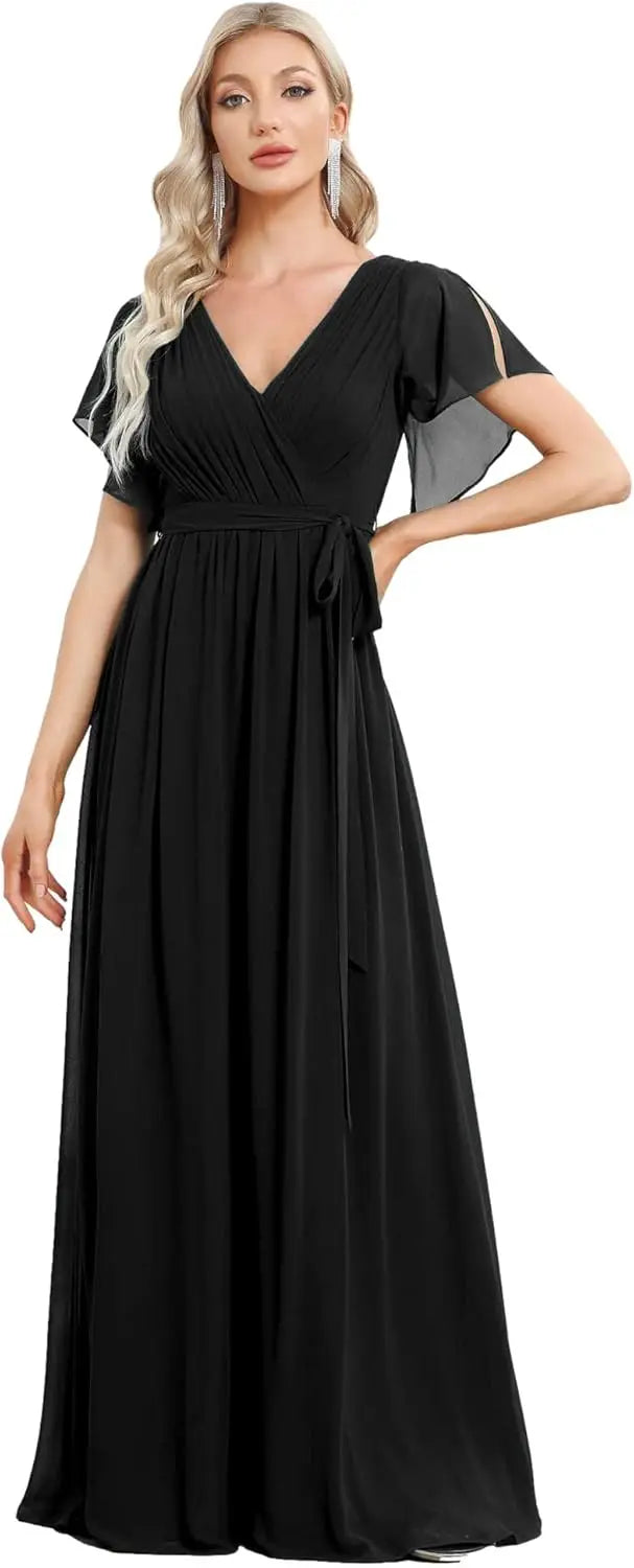 Vestido de dama de honor para mujer, escote en V, mangas con volantes, busto fruncido, largo hasta el suelo, de gasa, vestido formal para invitada de boda. 