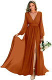 Long Sleeve Bridesmaid Dresses with Slit Pleated Wedding Party Gowns V Neck Chiffon Long Formal Dress evening dress