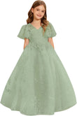 Vestido de primera comunión de encaje con mangas con volantes para niña de las flores, para boda, desfile, vestido de princesa 