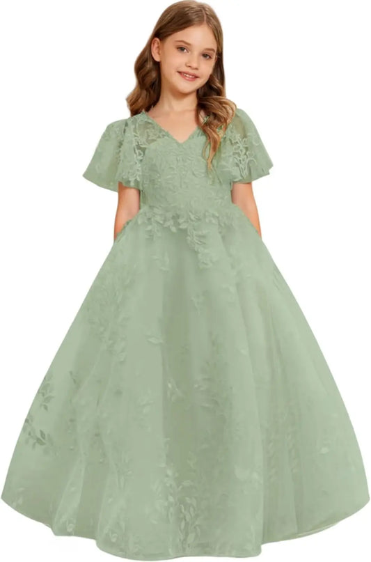 Vestido de primera comunión de encaje con mangas con volantes para niña de las flores, para boda, desfile, vestido de princesa 