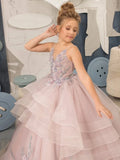 Vestidos de princesa para banquetes de fiesta de cumpleaños, vestidos de niña de las flores de tul rosa polvoriento con estampado floral escalonado, sin mangas para boda 