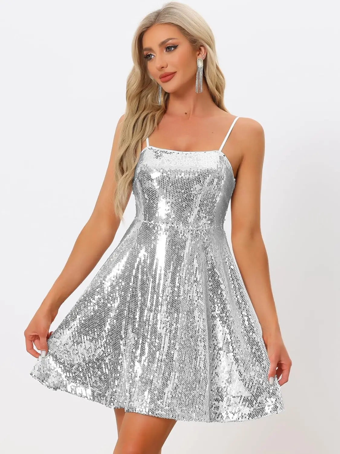 Vestido corto de fiesta con lentejuelas brillantes para mujer, sexy, con tirantes finos, sin mangas, para discoteca, graduación y baile de graduación. 