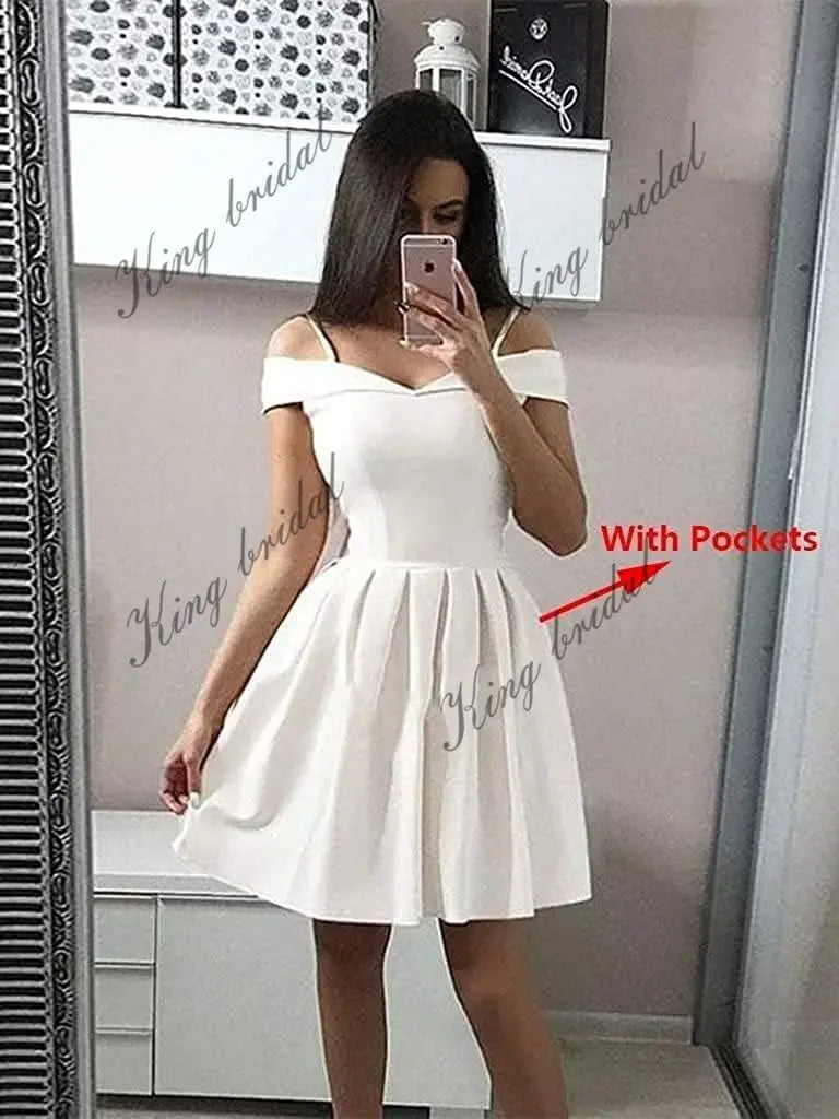 Vestidos cortos con hombros descubiertos para adolescentes (2025), vestido de fiesta con tirantes finos y bolsillos, vestido de dama de honor para fiesta de bodas. 