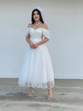 Tulle Sweetheart A-line Evening Dresses Off the Shoulder Tea-Length Formal Dress With Pleats & Bow Elegant Lace Up Prom Gowns