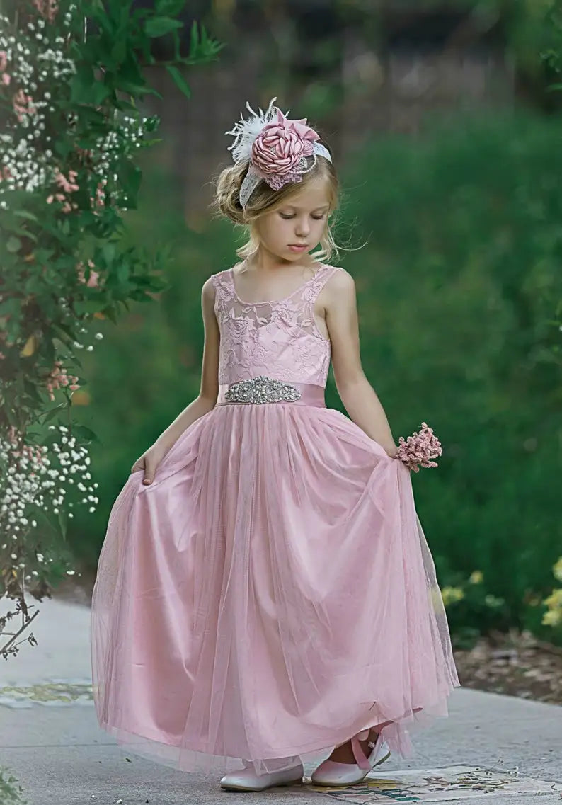 Blumenmädchenkleider Böhmische Blumenmädchenkleider Tüll Erstkommunionkleid Kleider Strandparty Mädchen Junior Brautjungfernkleider 