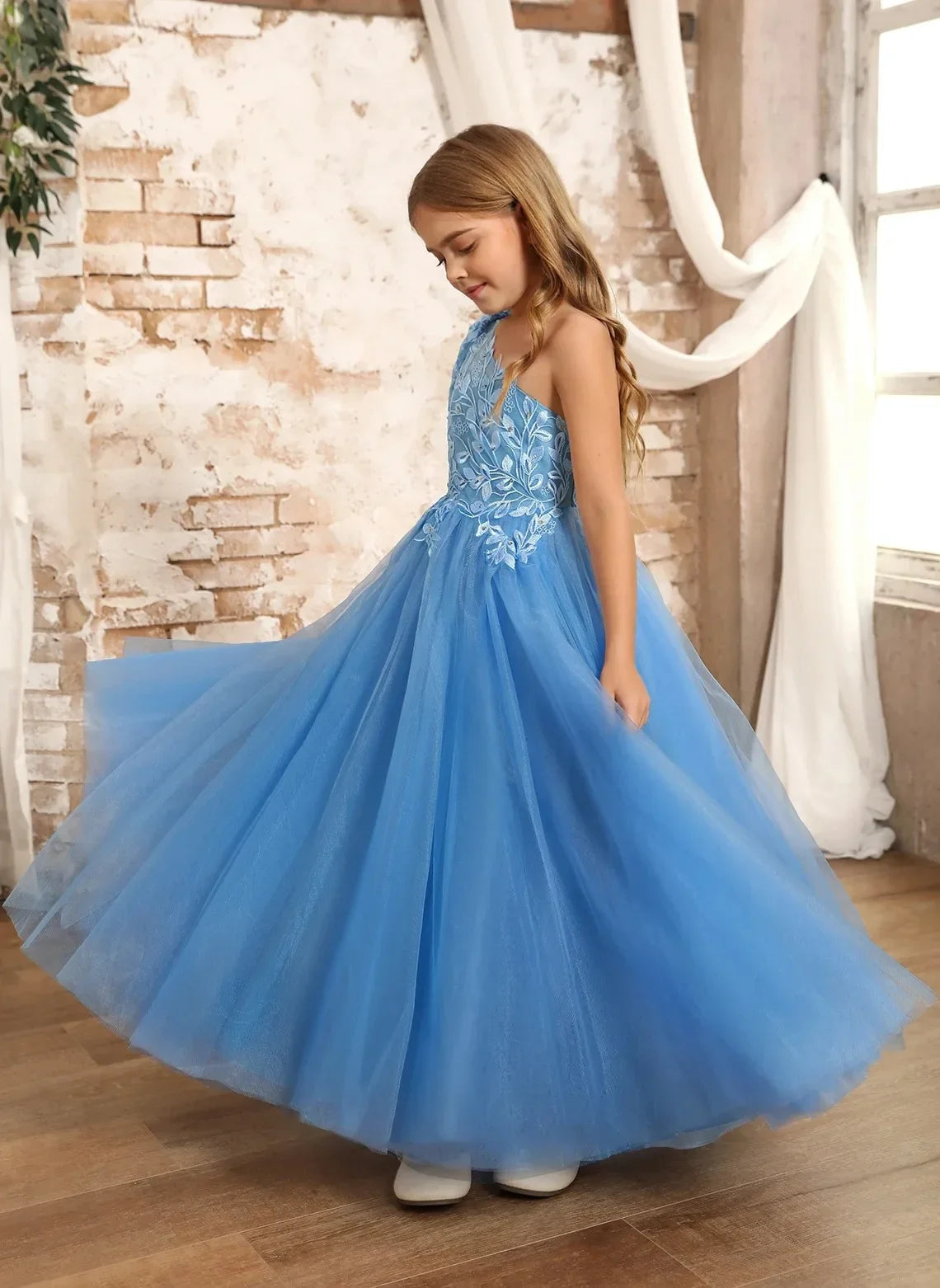 Vestidos de fiesta de cumpleaños para primera comunión infantil, vestidos de fiesta personalizados azules de un solo hombro para niña de las flores para boda princesa 
