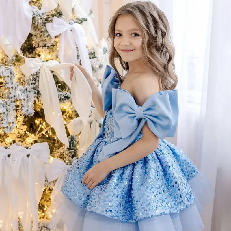 Pink Tulle Sequin With Bow Sleeveless For Wedding Prom Birthday Party Banquet Holy Communion Gown Customized Flower Girl Dress