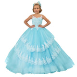 Vestido de princesa para banquete de fiesta de cumpleaños, personalizado, para niña de las flores, con apliques de encaje azul cielo y blanco, escalonado, sin mangas, para boda 