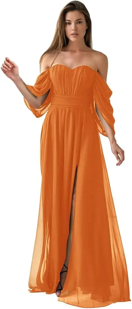 Vestido de dama de honor de talla grande con hombros descubiertos, de gasa, formal, con abertura, elegante, para invitada de boda 