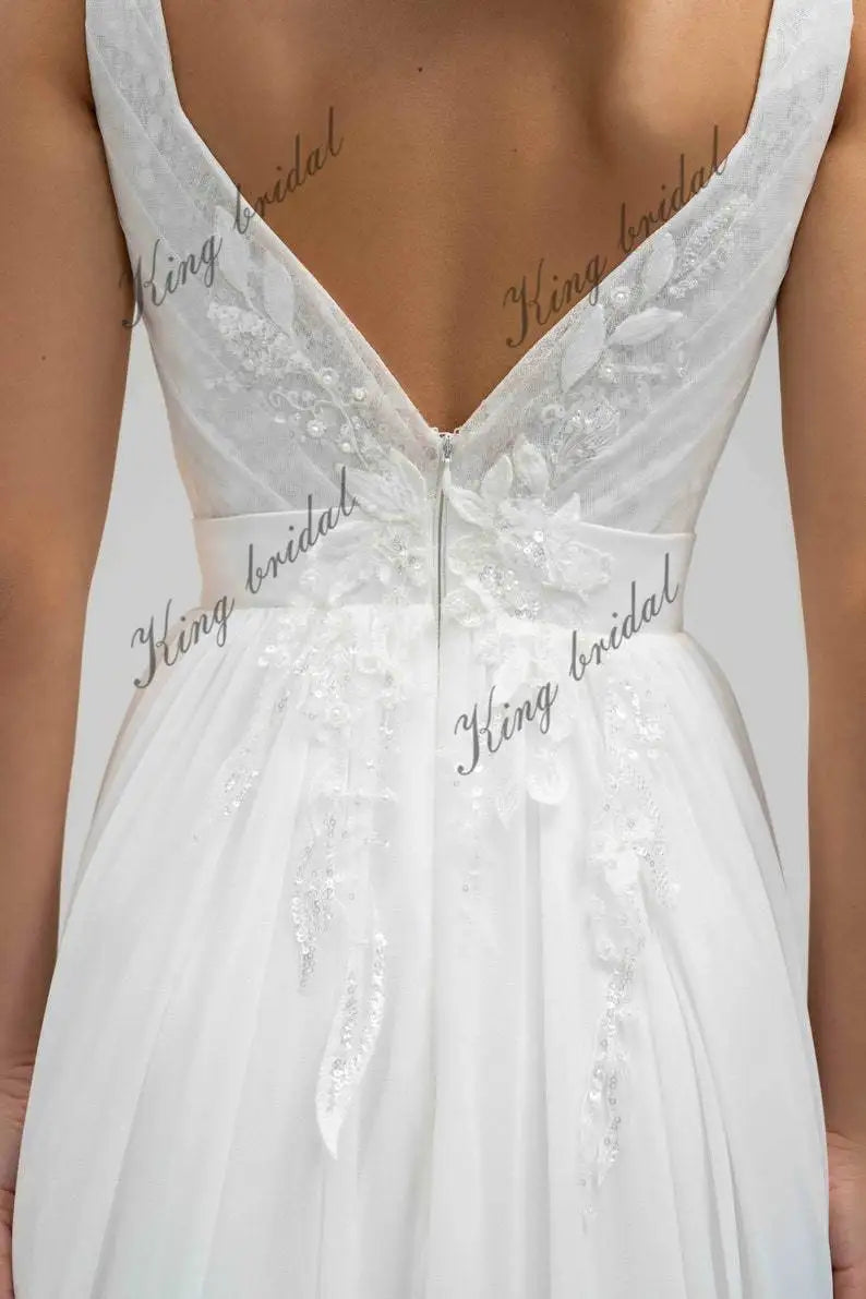 Chiffon Schlitz Brautkleid, Rückenloses Hochzeitskleid, Bestickte Spitze V-Ausschnitt Boho StrandHochzeitskleider Individuelles Hochzeitskleid 