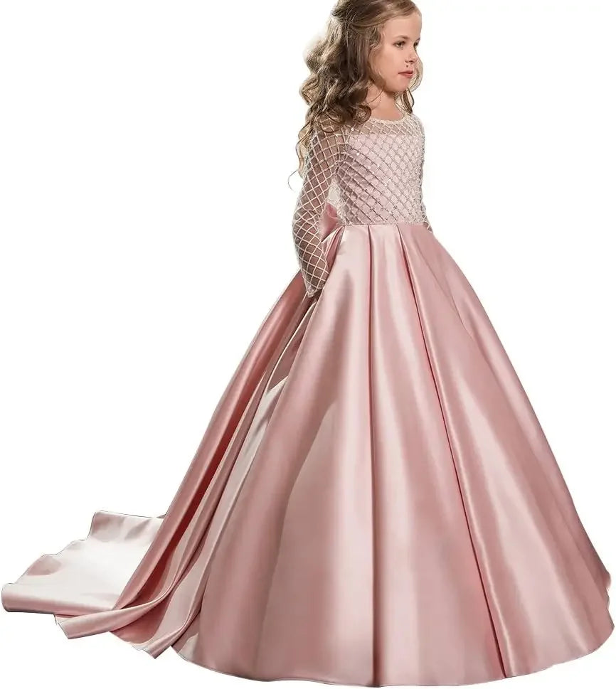 Ball With Bow Satin Floor Length Girl Kids Birthday Party First Holy Communion Gowns Elegant Flower Girl Dresses for Wedding