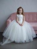 White Tulle Flory Appliques With Bow Sleeveless For Wedding Birthday Party Holy Communion Gowns Customized Flower Girl Dresses