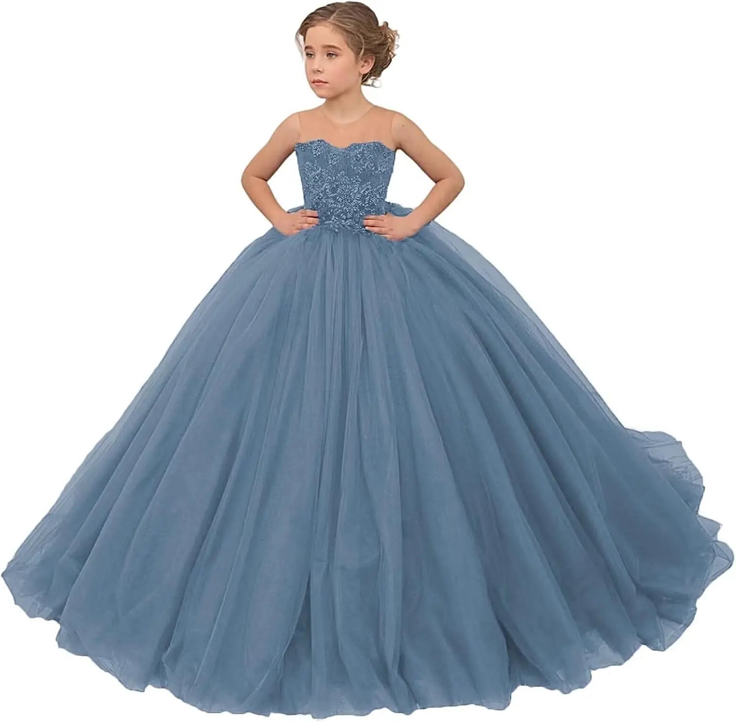 Tulle Flower Girls Dresses Lace Appliques Long Formal Princess Wedding Pageant Ball Gowns for Children