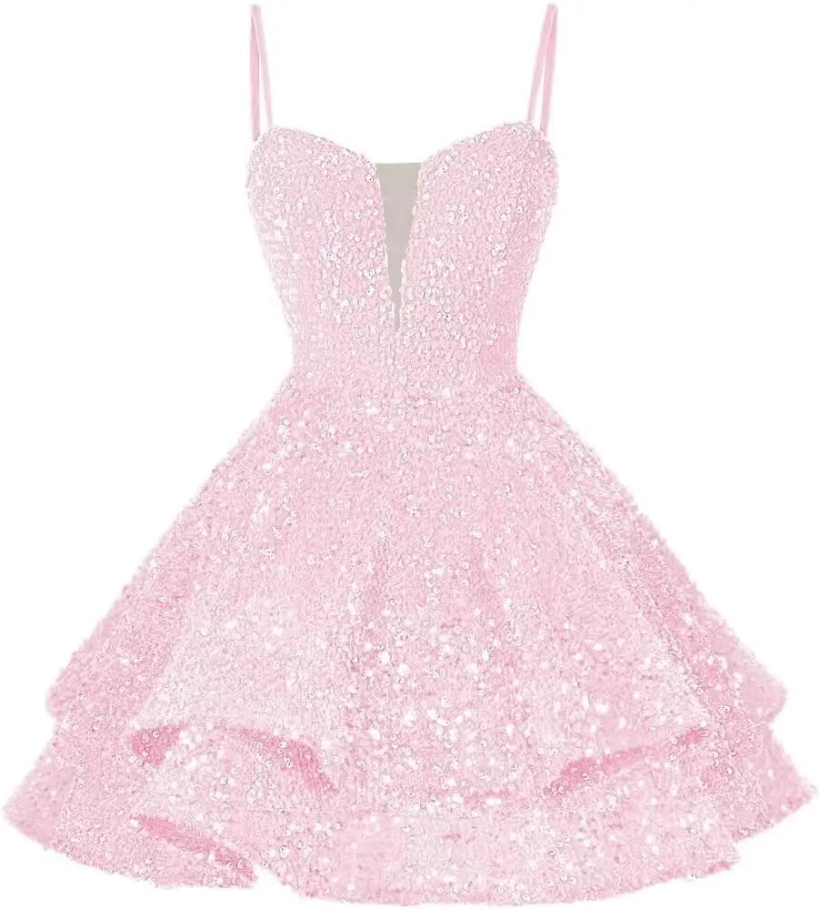 Kurzes Pailletten-Heimkehrkleid für Teenager, funkelnde Ballkleider, Sweet 16-Fotoshooting, Cocktailkleider, Minikleid, Partykleider 