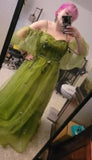 Lace Applique Tulle Prom Dresses Off Shoulder Puffy Sleeves Wedding Dress Long Women Sweetheart A Line Evening Gowns