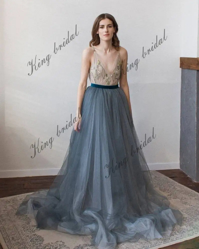 V-neck halter belt with bow Tulle bridal full dress, Bridal bow sash dress simple wedding dress bridal party evening dresses