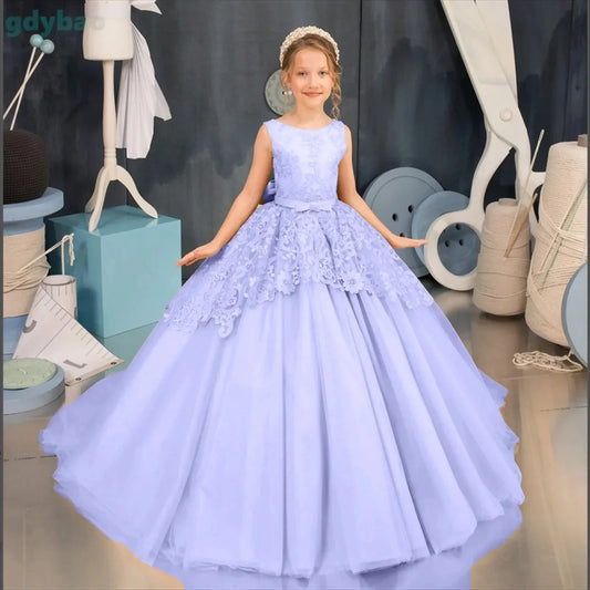 Apliques de encaje hasta el suelo para niña, fiesta de cumpleaños, primera comunión, vestido personalizado para niña de las flores para boda 