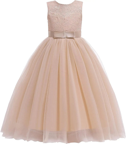 Vestido de dama de honor de encaje para niñas de flores, elegante vestido de princesa de tul largo de línea A, vestido de fiesta de boda para desfile 