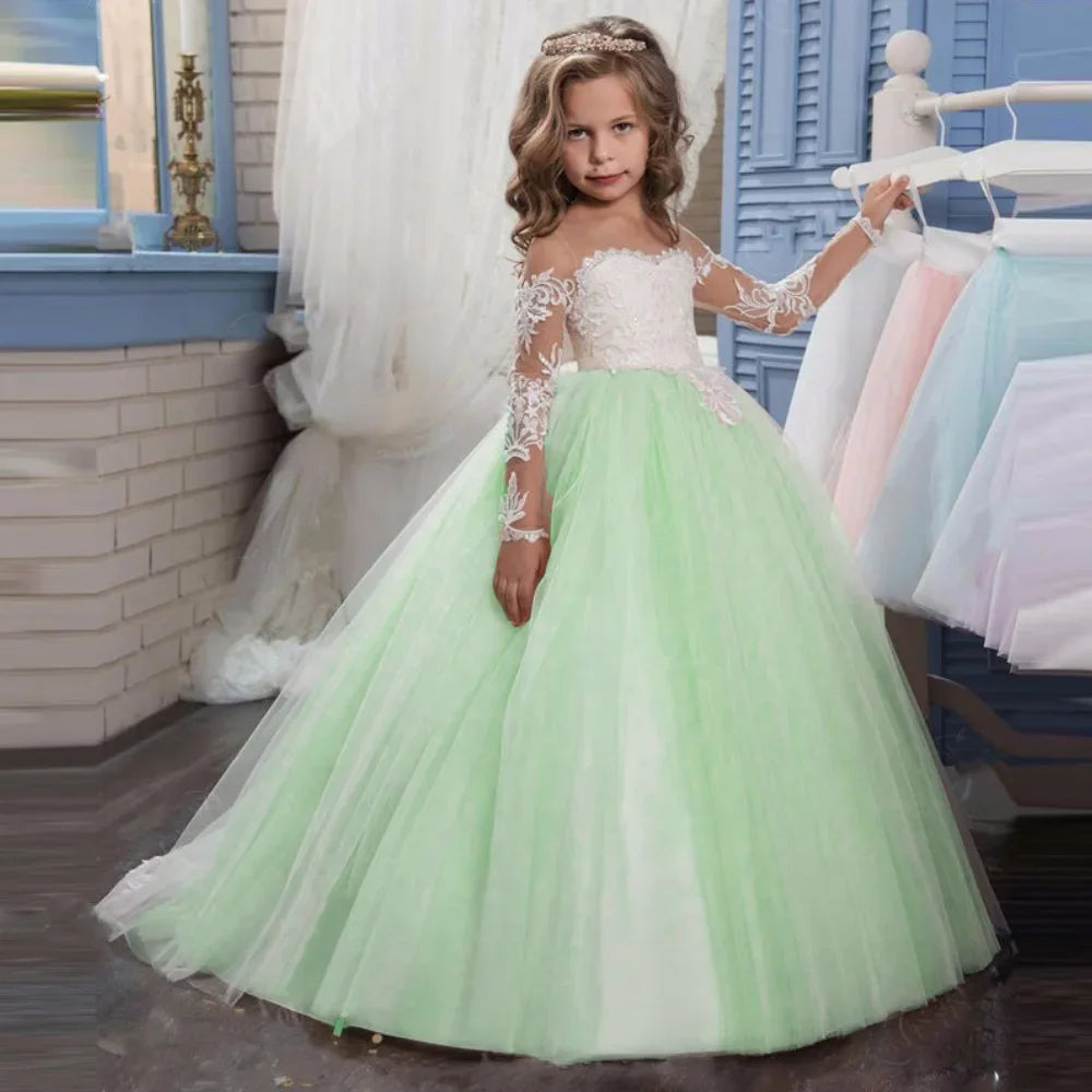 Vestido de tul rosa claro con apliques blancos y manga larga para boda, fiesta de cumpleaños, comunión, personalizado, para niña de las flores 