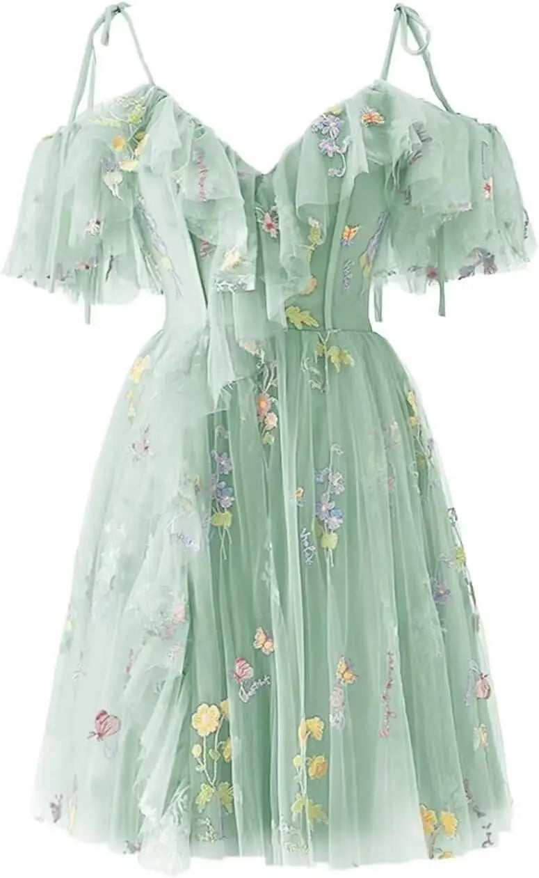 Flower Embroidery Tulle Short Homecoming Dresses for Teens 2026 Mini Spaghetti Straps Formal Prom Party Gown Junior Bridesmaid