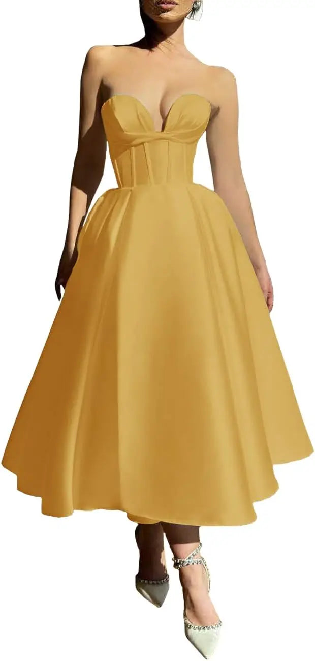 Strapless Prom Dresses 2025 Sweetheart Satin Tea Length Puffy Party Dresses for Women simple wedding dress short wedding dress