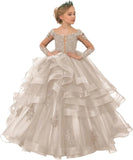 Long Sleeve Flower Girl Dresses Laces Applique Beaded Princess Pageant Dress Beaded Ruffle Tulle Kids Prom Party Gown