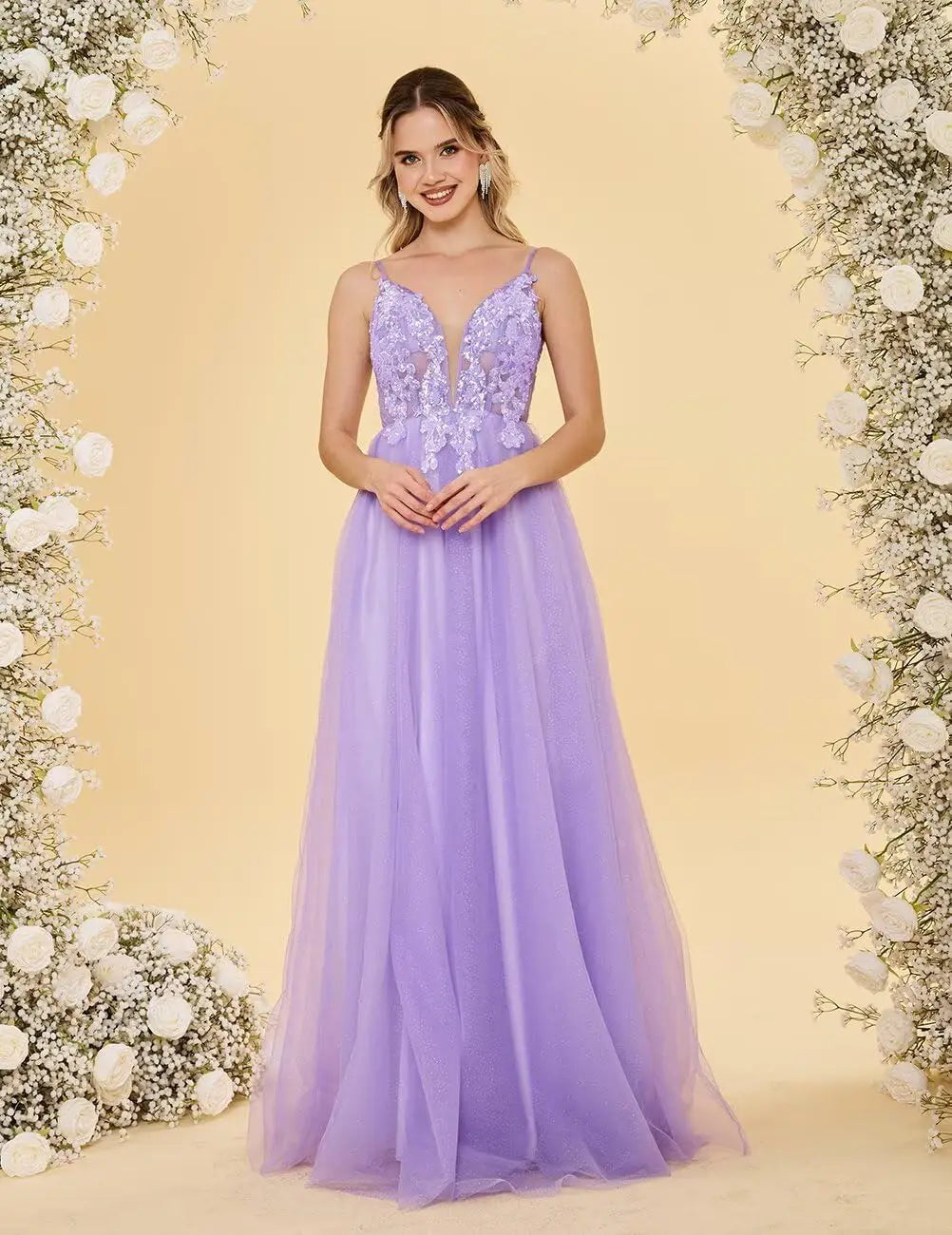 Vestidos de fiesta de tul con escote en V profundo para mujer, tirantes finos, apliques de encaje, vestidos de noche largos de corte A 