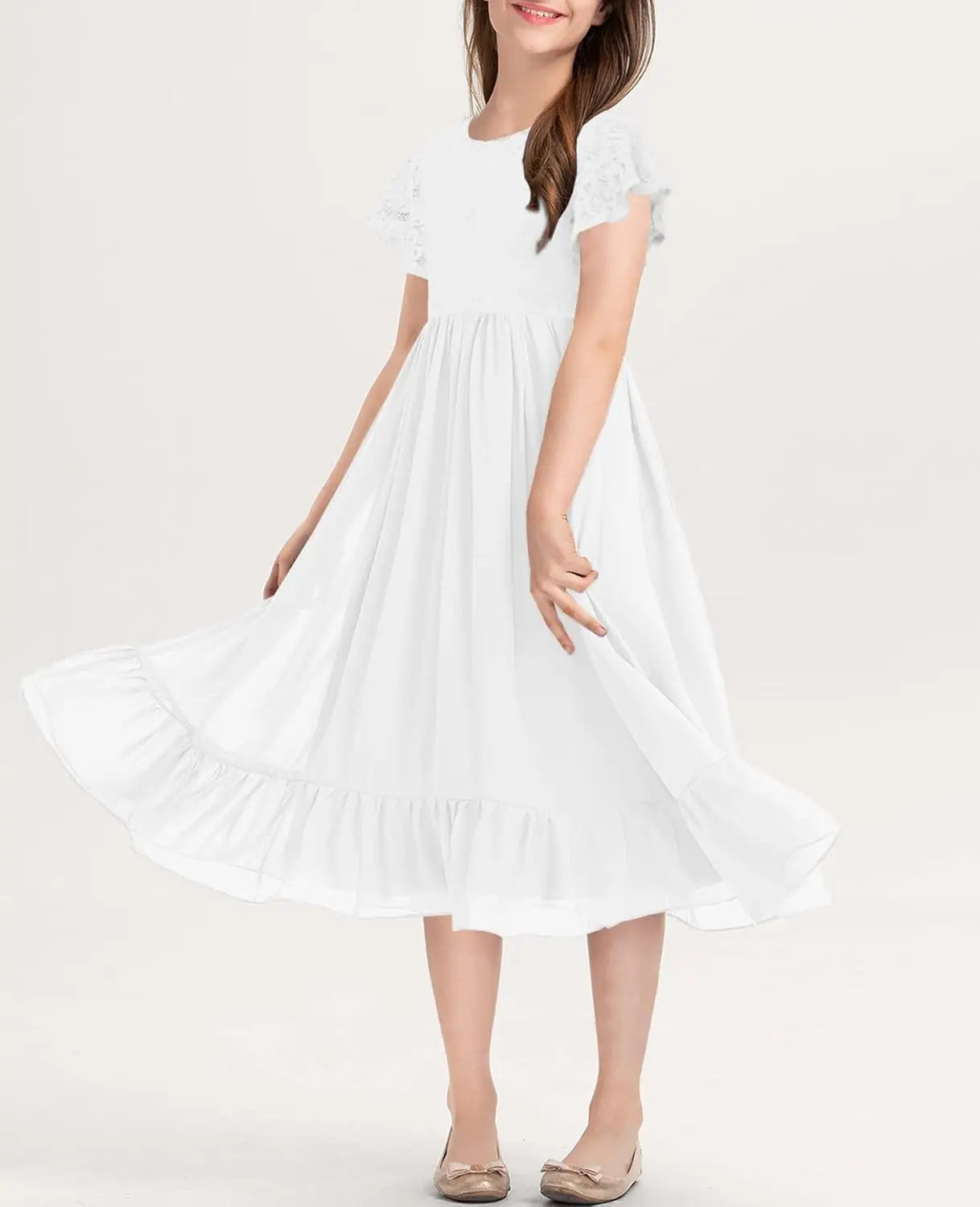 Girls Elegant Lace Flower Crew Neck Ruffle Chiffon A-Line Flowy Birthday Party Midi Dress ball gown  princess dress