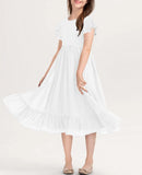 Girls Elegant Lace Flower Crew Neck Ruffle Chiffon A-Line Flowy Birthday Party Midi Dress ball gown  princess dress
