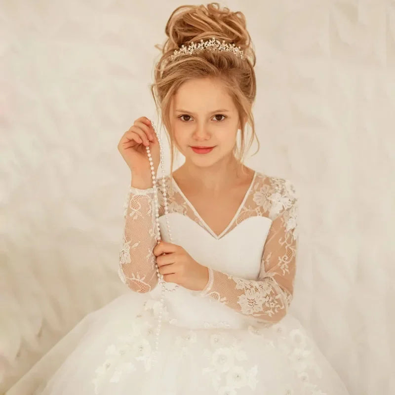 Weiße Spitze Blumenapplikationen mit Schleife Langarm für Hochzeit Geburtstagsfeier Heilige Kommunion Kleider Maßgeschneiderte Blumenmädchenkleider 