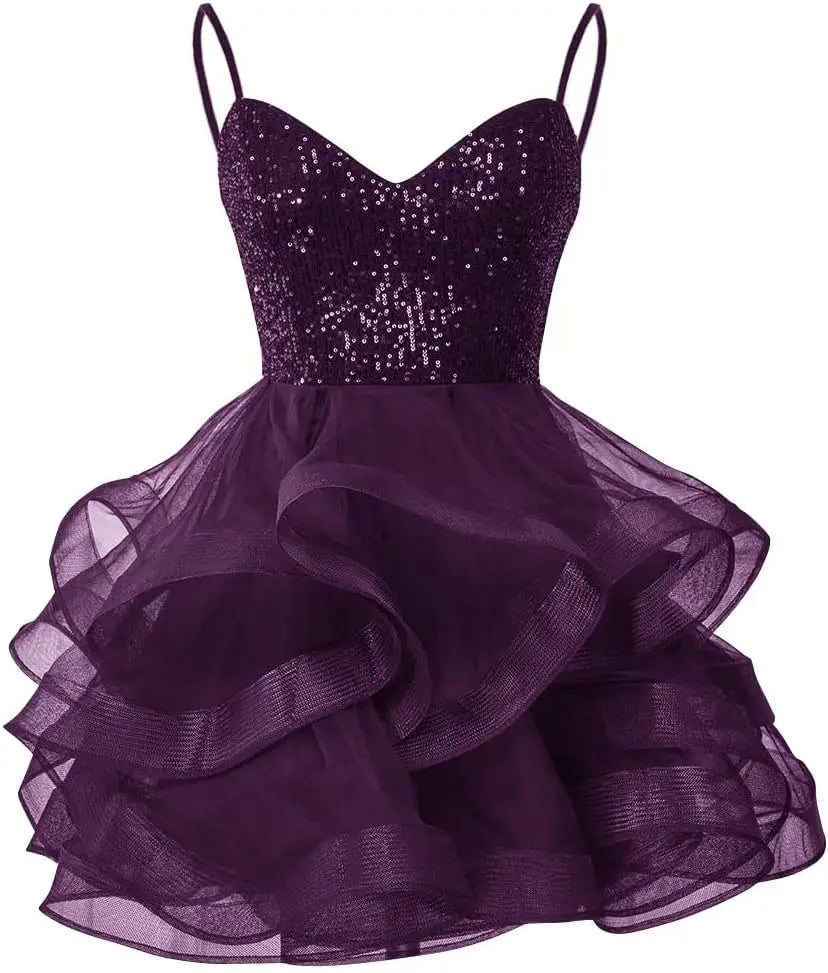 Vestidos de fiesta de tul para adolescentes, con tirantes finos y lentejuelas, vestidos de fiesta cortos, minivestidos de cóctel en capas, vestidos de dama de honor 