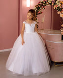 Lace flower girl dress for weddings Holy communion dress Tulle Long girl dresses with bow Junior bridesmaid Baby princess dress